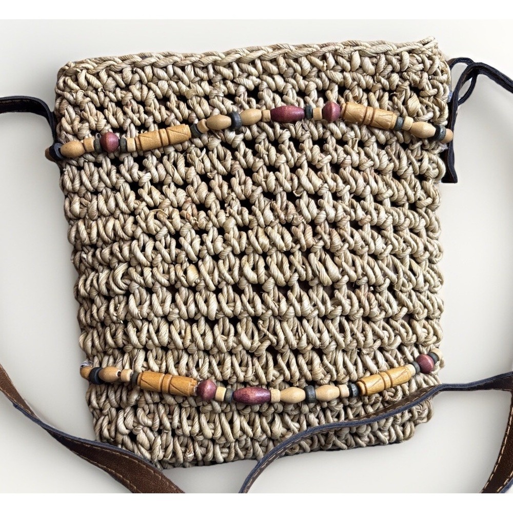 Boho Cappelli Straworld Crossbody Handbag Purse Woven Grass Beaded Wood Small